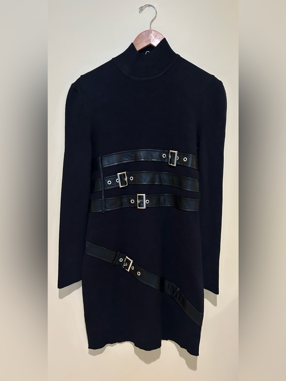 Kate Hewko Black Long-Sleeve Turtleneck Leather Belted Sweater Dress Size L/XL